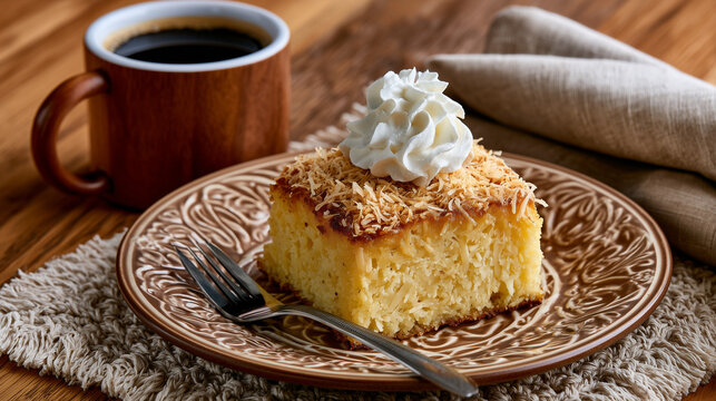 Brazilian Bombocado Coconut Cake Slice with Whipped Cream and Coffee on Patterned Plate
