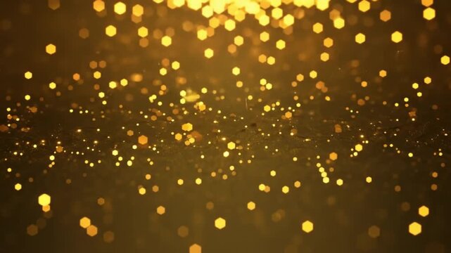 Golden digital particles spread across a dark gradient to form a dynamic, radiant cosmic effect with bright focal points.