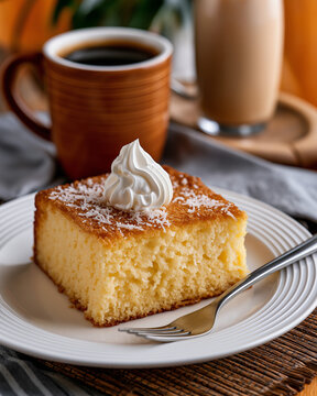 Slice of Brazilian Bombocado Coconut Cake with Whipped Cream and Hot Coffee
