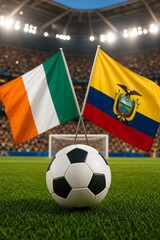 Fototapeta premium Ivory Coast and Ecuador national flags before a World Championship group stage football match on a green pitch with a goal in Philadelphia.