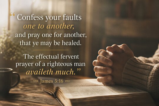 Believers Engaged in Fervent Supplication and Confession, Seeking Healing and Forgiveness through Righteous Prayer from James 5:16.
