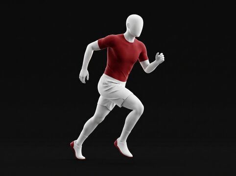 Athletic mannequin sprinting in red shirt on black background with sharp focus for sports apparel marketing