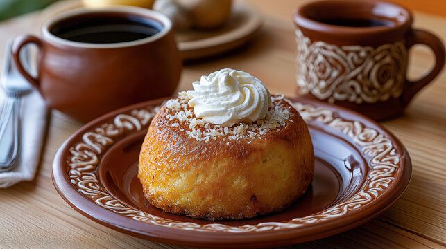 Traditional Brazilian Bombocado Dessert with Shredded Coconut and Whipped Cream