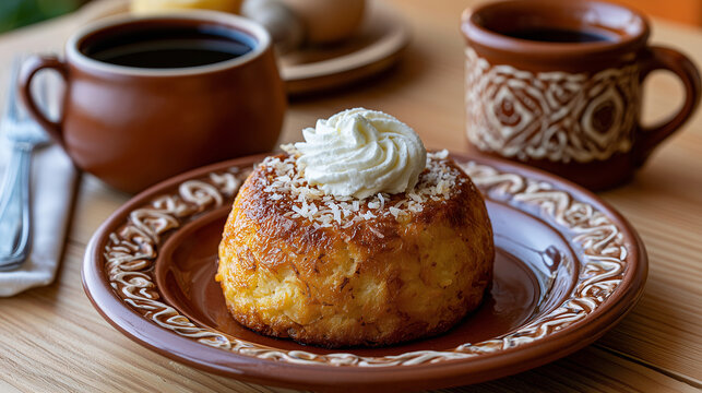 Traditional Brazilian Bombocado Dessert with Shredded Coconut and Whipped Cream