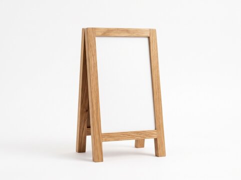 Wooden table tent easel standing blank on white background in a minimalist studio shot for restaurant branding and retail signage