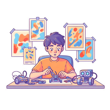 Boy building robots and electronics at his desk
