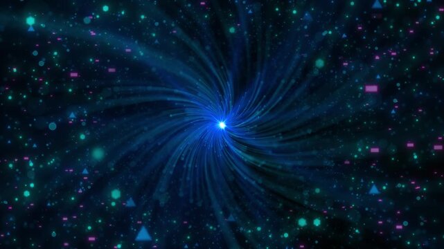 Digital spiral energy particle luminous blue center, floating shapes, and swirling light trails. for futuristic titles, AI visuals, cosmic backgrounds, cyber intros, and abstract motion graphics.