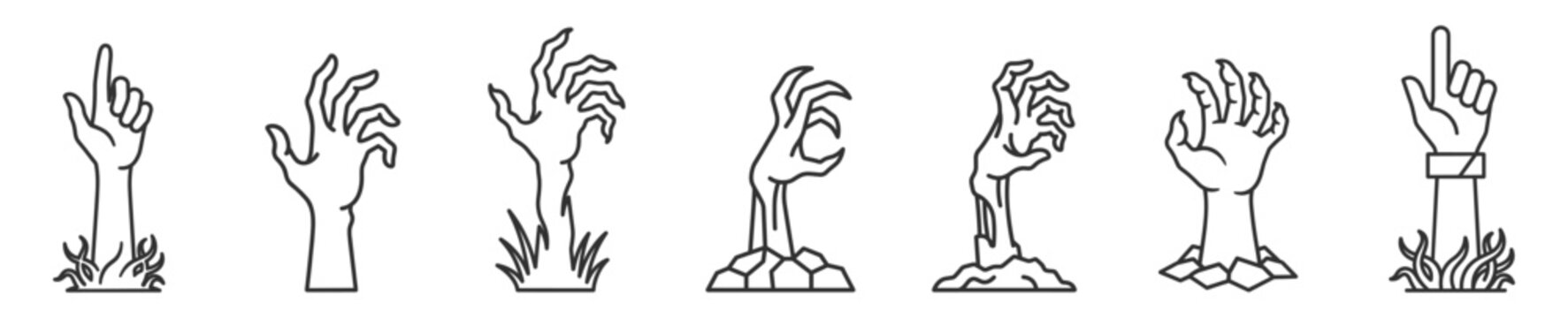 set of seven zombie hands line art vector illustrations for Halloween design on transparent background