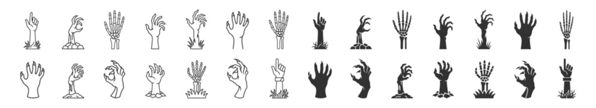 zombie hands and skeleton hands rising from ground line and silhouette icons set on transparent background