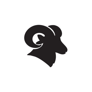 Black silhouette icon of a ram head with large horns