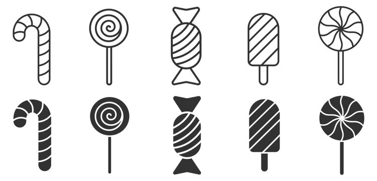 set of candy icons in outline and solid styles including candy cane, lollipop, wrapped candy, and popsicle vector on transparent background