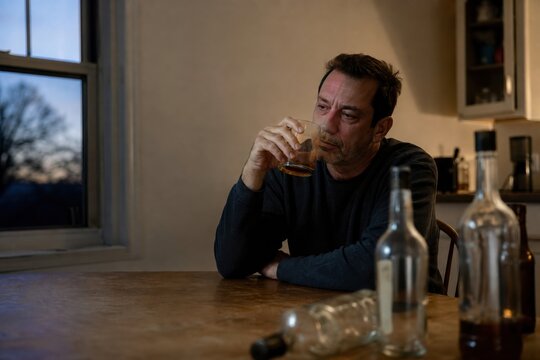 Sad man drinking whiskey at table with empty alcohol bottles at home