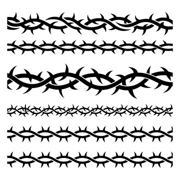 Barbed Wire Borders Collection Vector &ndash; Black Thorn Wire Divider Set Isolated on White Background