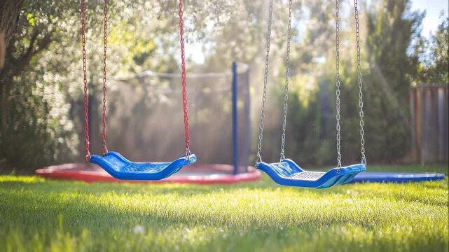 Empty blue swing set gently swaying in a sun-drenched backyard with lush green grass