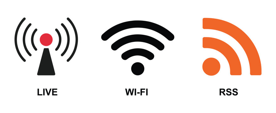 Wireless communication icons for live streaming WiFi connectivity RSS feed broadcasting and content updates