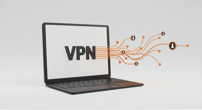 Laptop computer displaying VPN text with network connection lines and user interface icons. Concept of digital data security, secure internet access, privacy protection and cyber connection