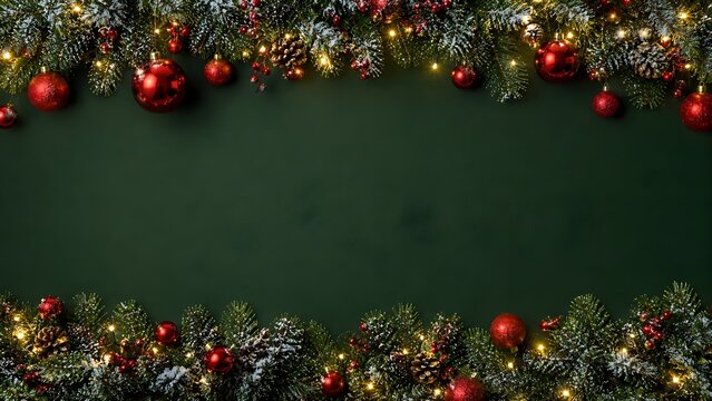 New Year Border Background with Snowy Pine and Red Baubles Emerald Green Banner