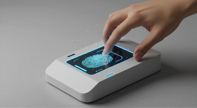 Woman scanning finger on biometric reader device. Electronic access control system with digital fingerprint authentication. Cybersecurity technology for data protection and secure login process