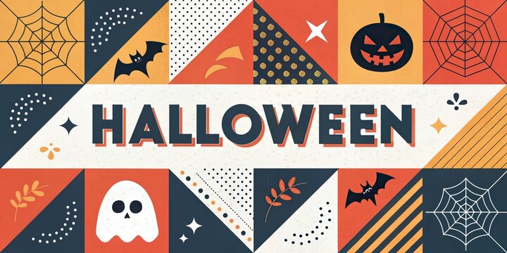 Halloween geometric banner with pumpkins ghosts bats and haunted house pattern