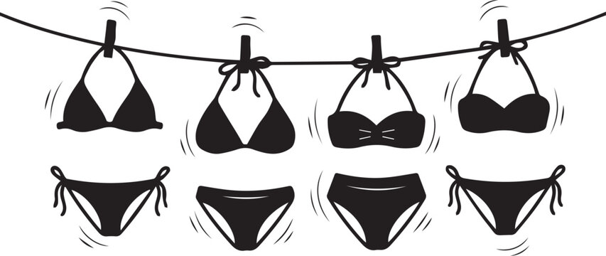 Black silhouette icons of various bikini swimsuits hanging on a laundry clothesline with clips isolated on transparent background, Vector, illustration