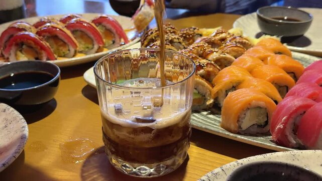 Pouring cold cola over ice cubes in a glass while a large sushi platter with salmon tuna eel and Philadelphia rolls fills the restaurant table