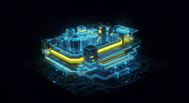 Digital city hologram showing urban construction model in blue and yellow neon lights. Smart city infrastructure concept with wireframe building structure for architectural planning