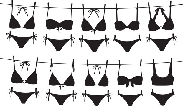 Set of black bikini swimsuit silhouettes hanging on a clothesline for summer fashion design isolated on transparent background, Vector, illustration