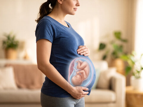 Pregnant woman holding her belly with a 3D illustration overlay of a developing fetus in the womb