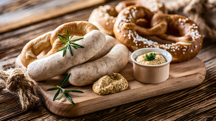 Fototapeta premium Traditional sausages and pretzels on rustic wooden board
