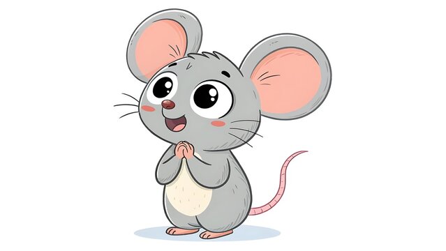 Cute cartoon gray mouse with big ears clapping hands happily