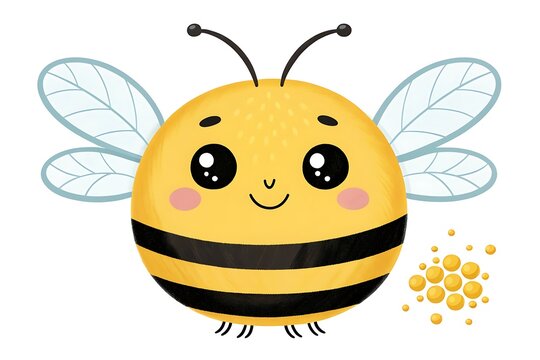 Cute cartoon bee with yellow and black stripes smiling happily