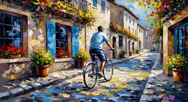 Impressionist painting of a man cycling through a charming European village street.