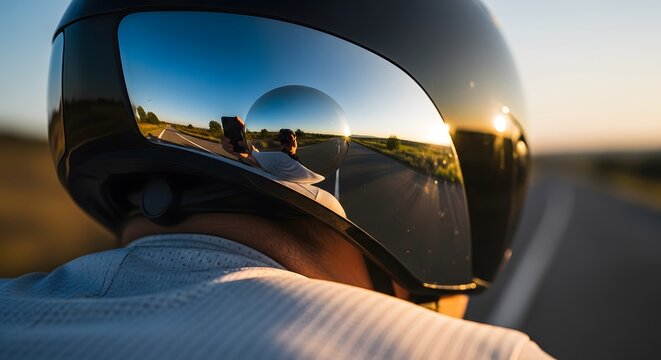 Motorcyclist wearing a reflective helmet on a sunny road.