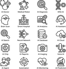Fototapeta premium Artificial Intelligence Healthcare Vector Icon Set Featuring Medical Diagnosis Smart Hospital AI Analytics Automation and Digital Health Technology