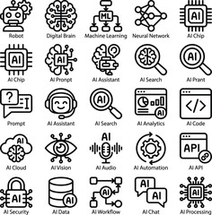 Fototapeta premium Artificial Intelligence Technology Vector Icon Set Featuring Machine Learning Neural Networks AI Analytics Automation Security and Cloud Computing