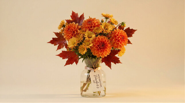 Bouquet of orange dahlia and autumn maple leaf in glass vase with gift tag for Teachers Day. Seasonal flower arrangement for school holiday greeting. Floral decor for education fest