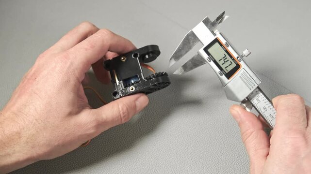 using a digital caliper. precision measurement, prototyping, quality control, and reverse engineering process. measure exact dimensions of a small mechanical component or prototype