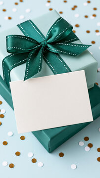 Teal wrapped gift box with bow and blank card on confetti background