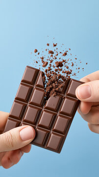 Hands breaking chocolate bar with crumbs on blue background