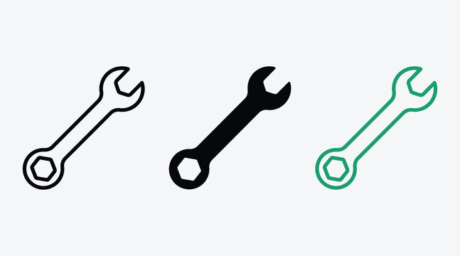 Wrench spanner icon set in line solid and outline style for mechanic work