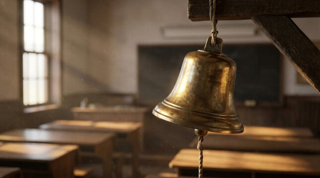 Brass bell hanging in a wooden classroom. Vintage school bell suspended from a beam with empty desks and a blackboard in the background. Concept of school start or academic session