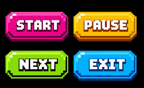 Retro 8 Bit Pixel Art Game UI Buttons, Arcade Menu Interface, Start Pause Next Exit, Pixel Button Set, Vintage Video Game GUI, Colorful Pixel Icons, Game Assets, Isolated on Black Background