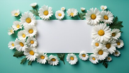 fresh white daisies arranged around a blank white banner on a soft mint green background creating a bright and cheerful floral composition perfect for spring nature and design themes © Joseph