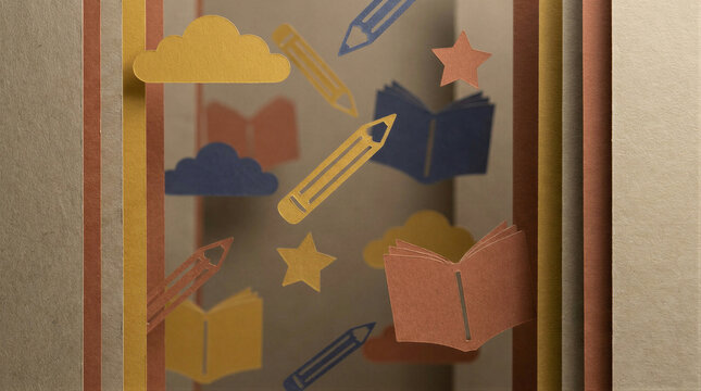 Paper cutout icons of books, pencils, clouds, and stars suspended in layers. Craft education concept featuring stationary elements. Creative school art project for children and student