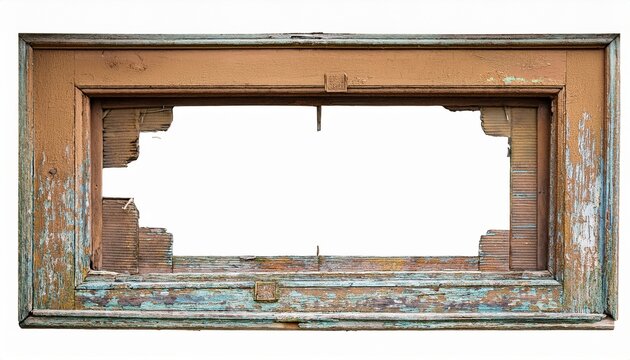 old wooden window frame with peeling paint rustic vintage shabby texture isolated on white background