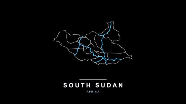 South Sudan Country Line Map Self Drawing Animated Overlay, Alpha 4K