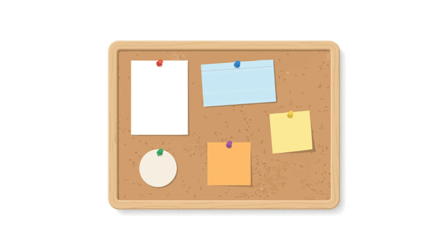 Cork bulletin board with colorful sticky notes and blank paper pinned with thumbtacks on a white background