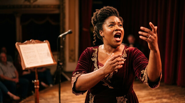 Opera singer performs on stage with dramatic expression and gestures