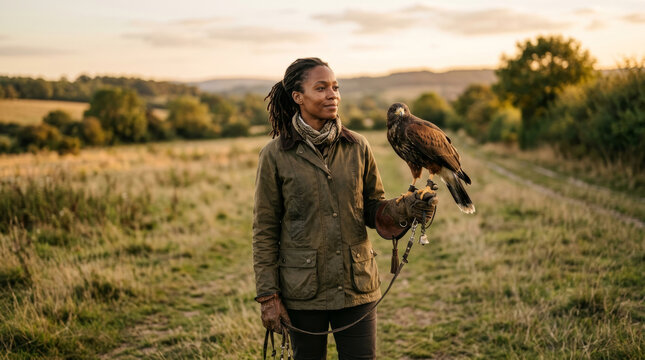 Woman falconer with hawk on hand in rural landscape at sunset