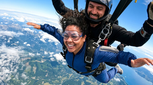 Joyful woman skydiving with instructor over scenic landscape extreme sport adventure